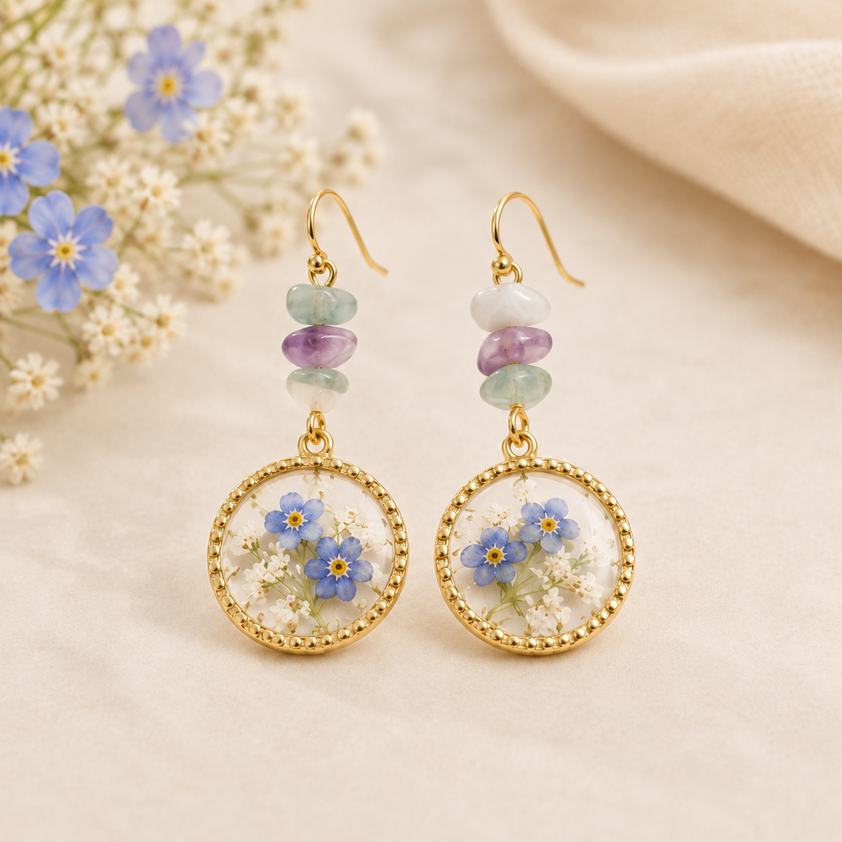 Forget-Me-Not Mixed Stone Round Drop Earrings