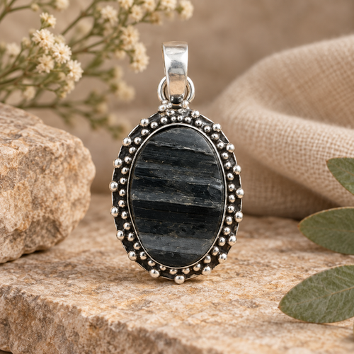 Medium oval black tourmaline pendant with a silver-tone beaded setting on a warm neutral display.