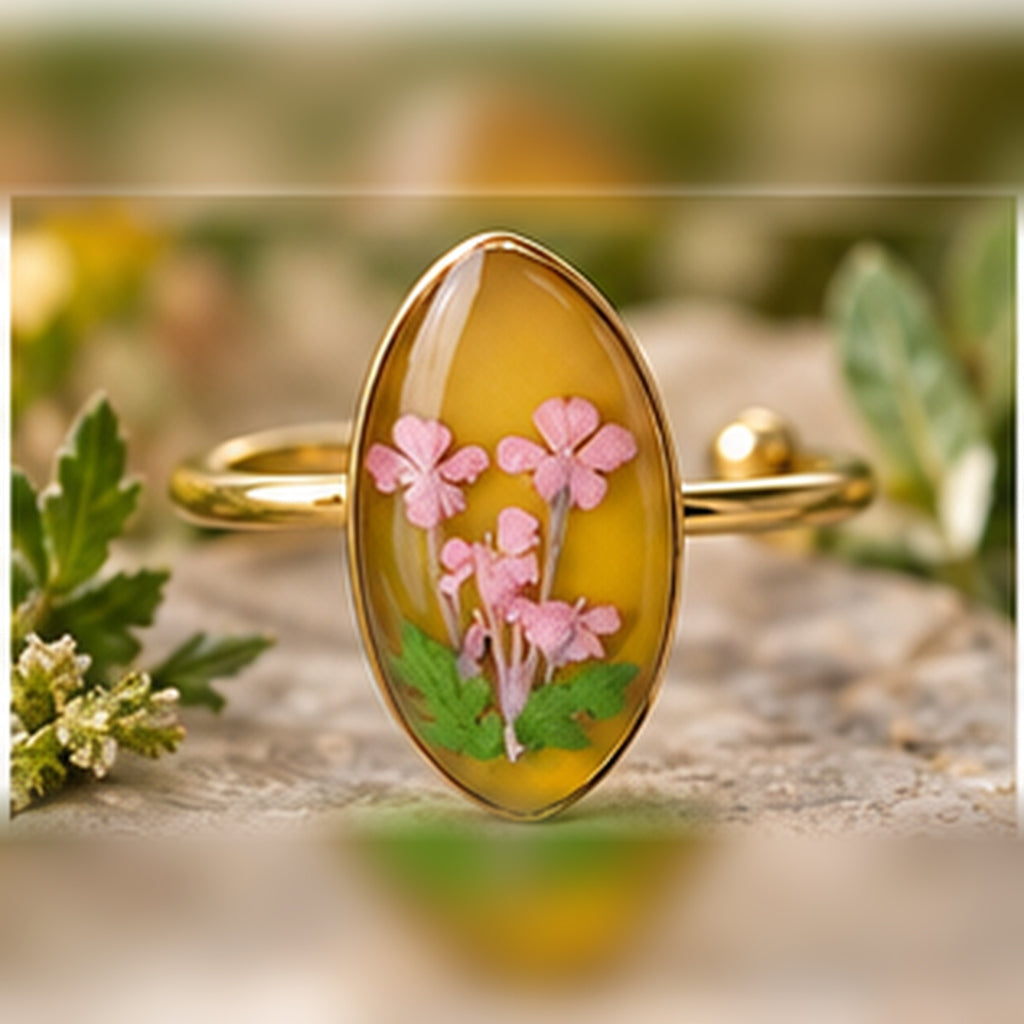 Blush Meadow adjustable stainless steel pressed-flower ring with pink blossoms on warm golden color.