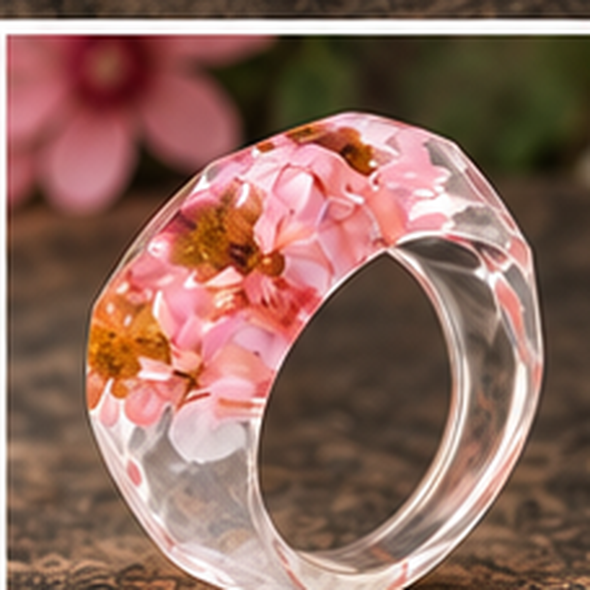 Blush Petal Faceted Wildflower Resin Ring with natural floral background