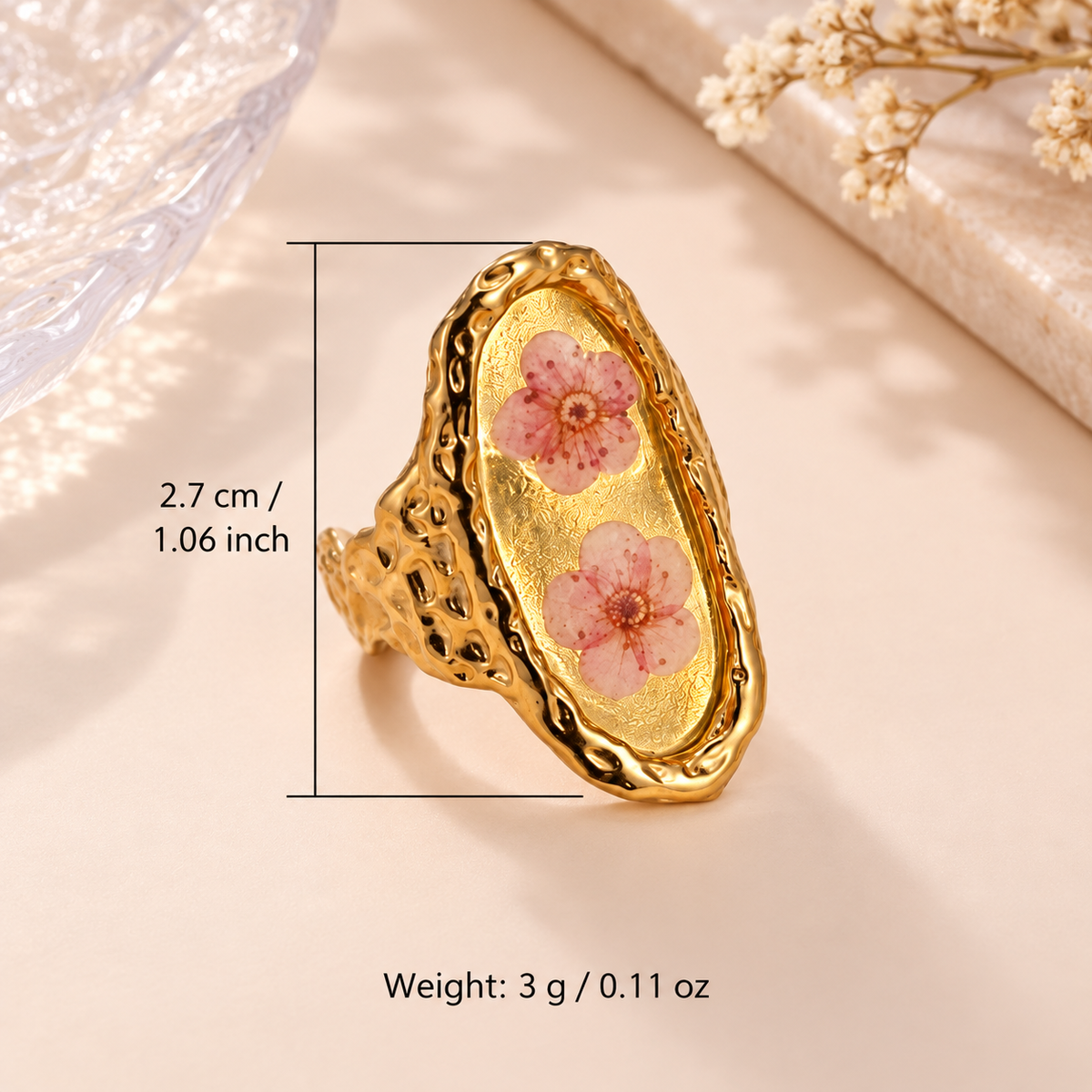 Blushing Blossom Renewal Ring showing approximate 2.7 cm face and 3 g weight