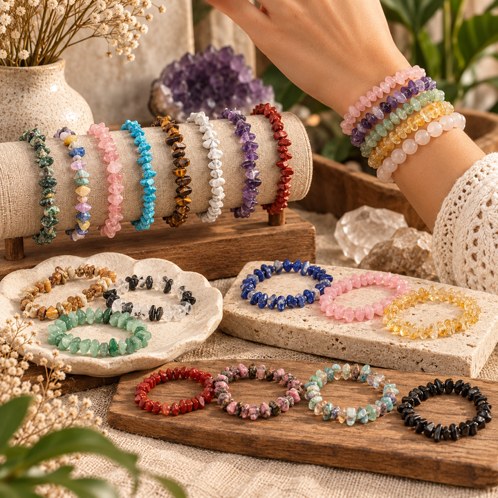Choose Your Stone natural chip bracelets displayed in a warm artisan art-show setting with stacked wrist styling