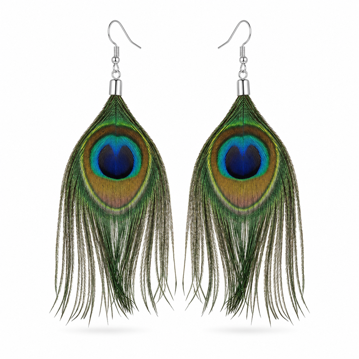 Pair of long peacock-eye feather earrings in iridescent green, bronze, turquoise, cobalt blue, and navy with silver-tone hooks