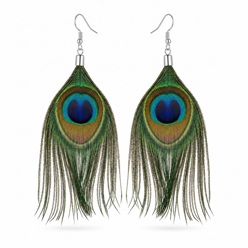 Pair of long peacock-eye feather earrings in iridescent green, bronze, turquoise, cobalt blue, and navy with silver-tone hooks