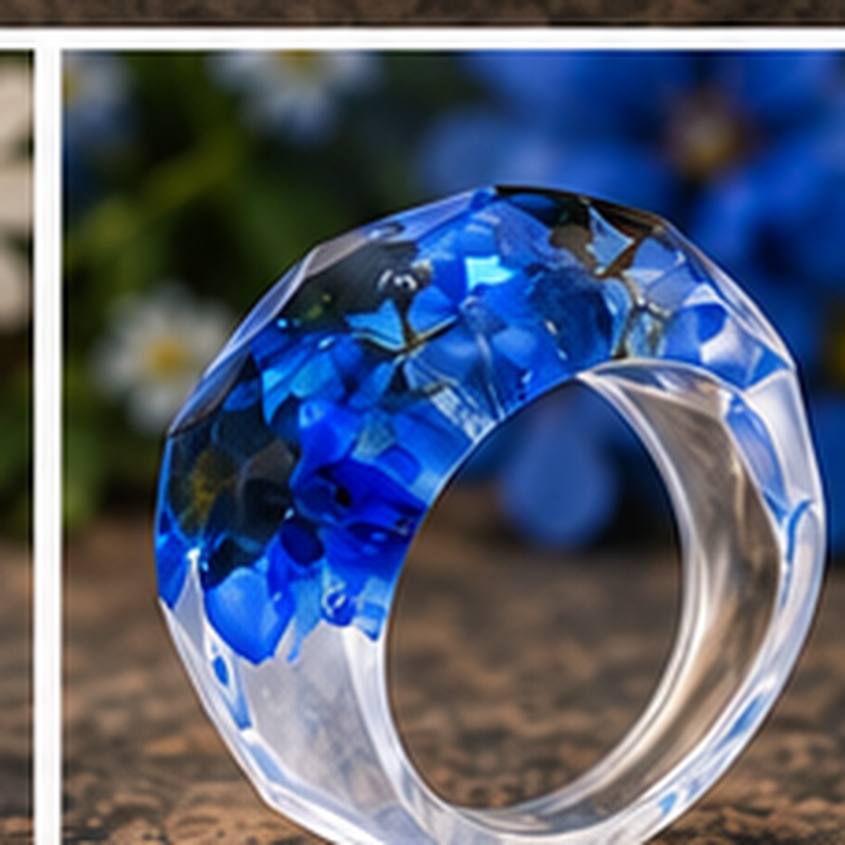 Cobalt Cluster Faceted Wildflower Resin Ring with natural floral background