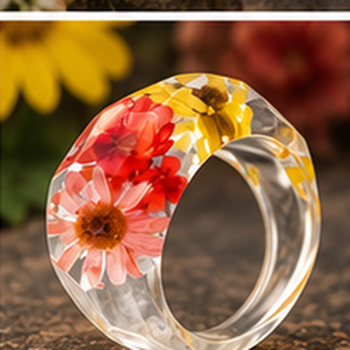 Coral Sunburst Faceted Wildflower Resin Ring with natural floral background