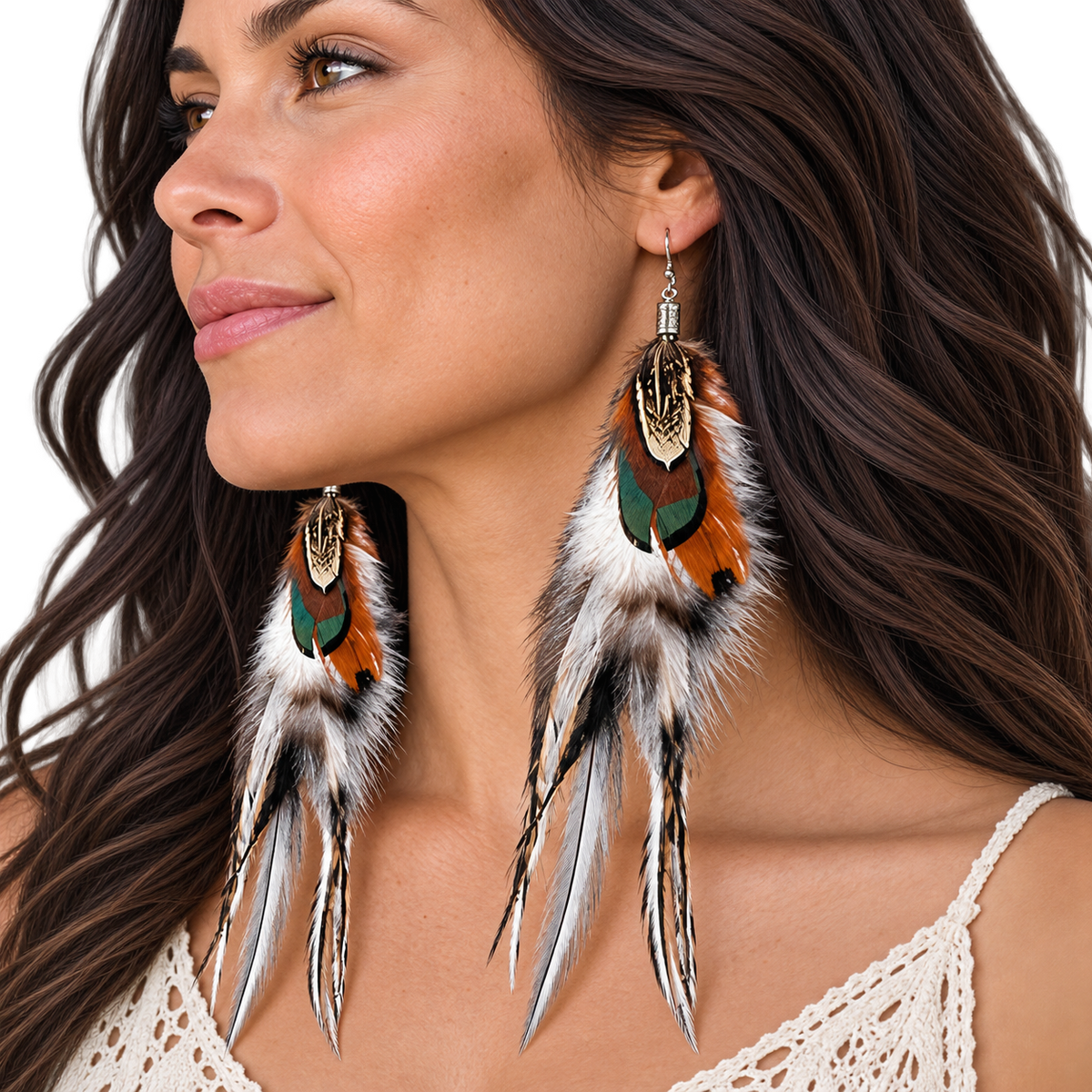 Model wearing Earth & Sky layered pheasant-feather earrings with a cream crochet top
