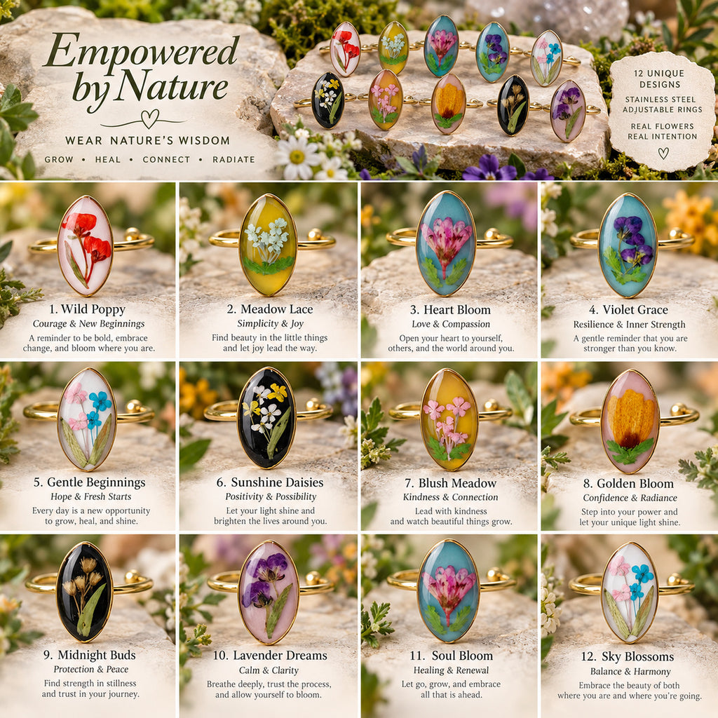 Empowered by Nature adjustable pressed-flower ring collection with twelve botanical designs.