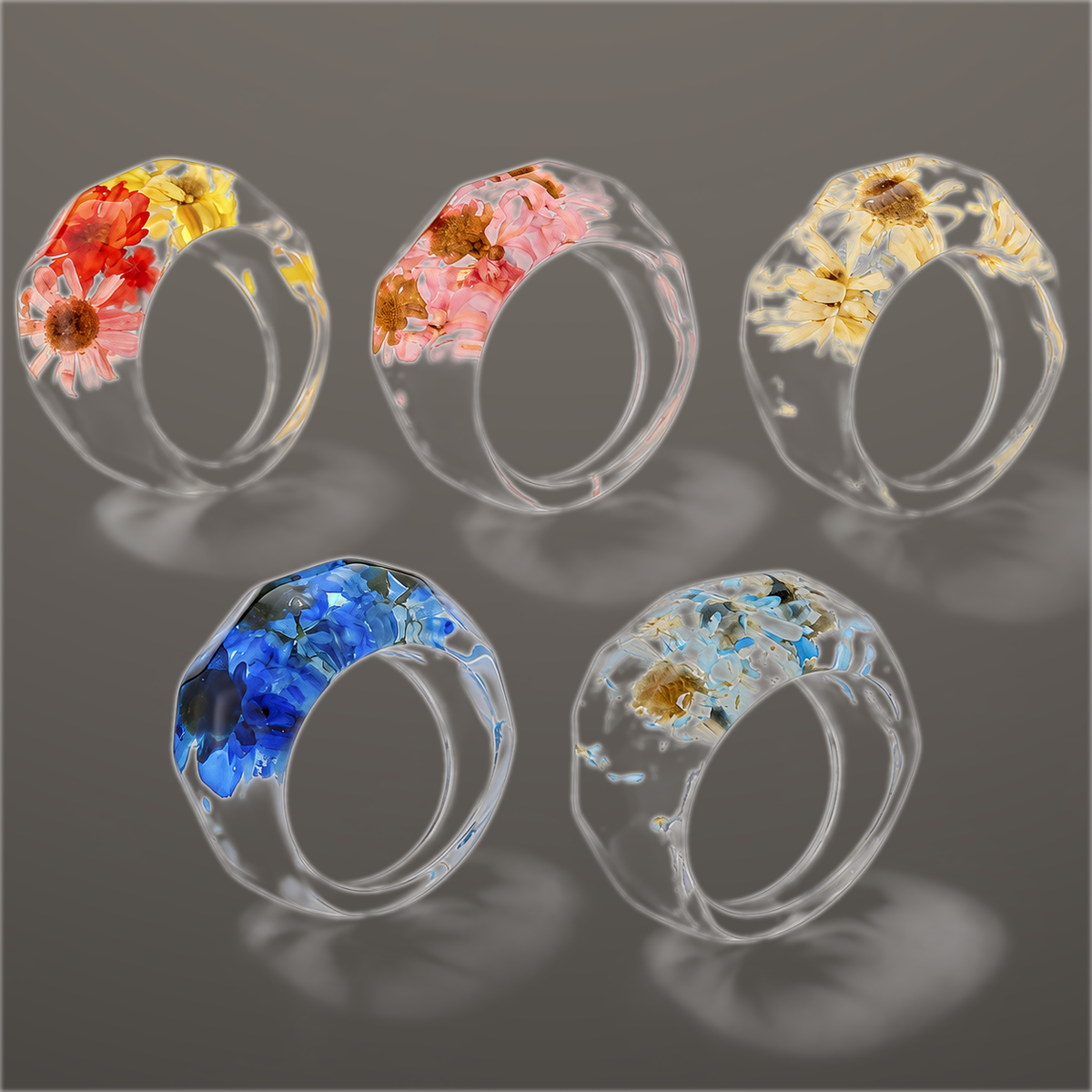 Five Faceted Wildflower Resin Ring variants from Radiate Your Light Creations