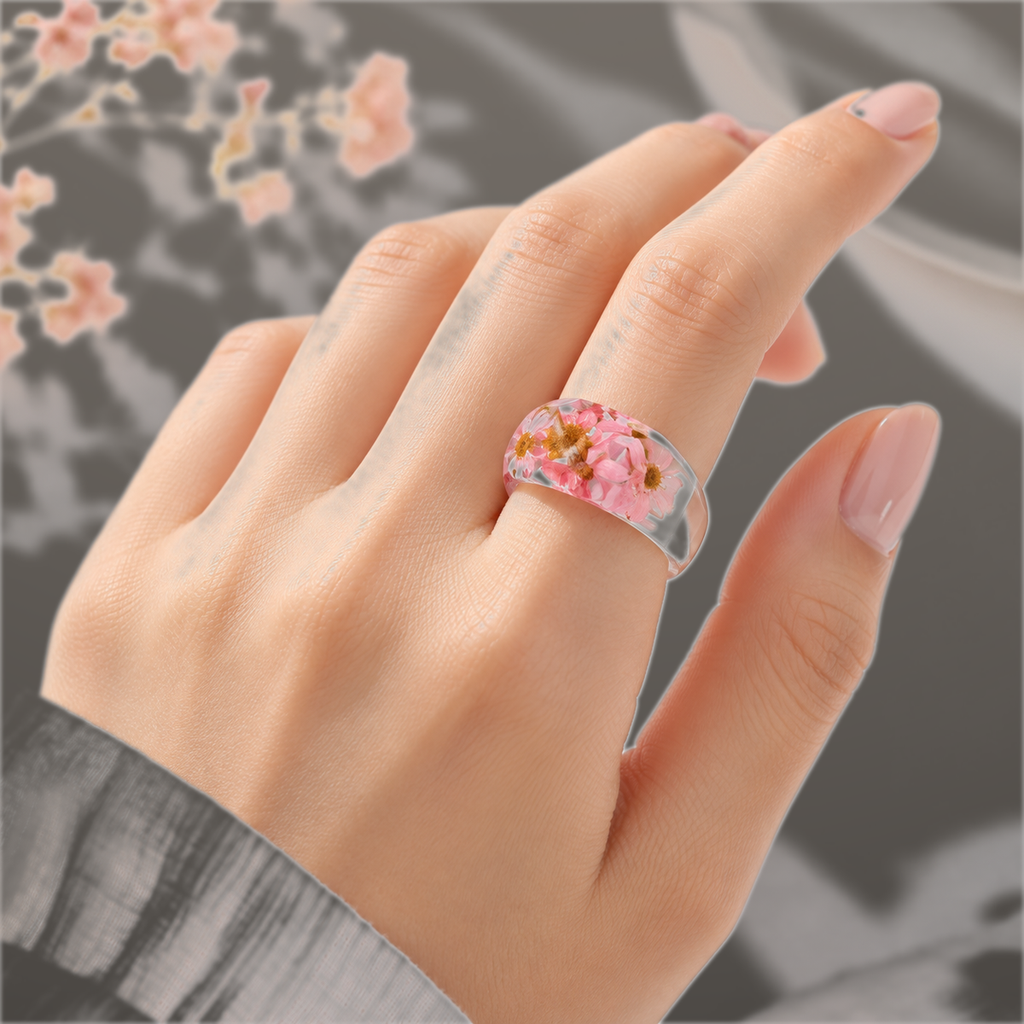 Model wearing Blush Petal Faceted Wildflower Resin Ring on hand