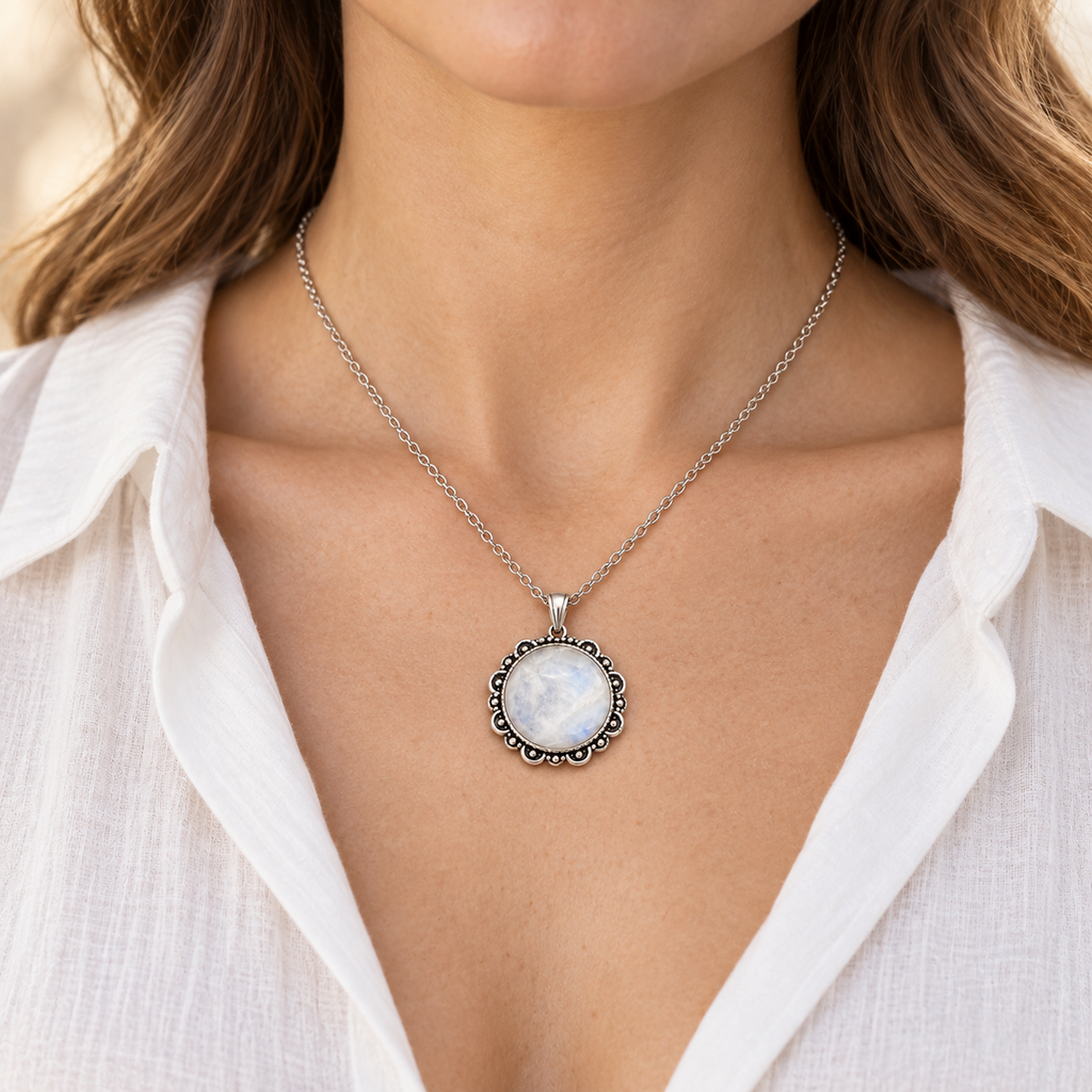 Full Moon Glow quarter-sized circular Moonstone pendant worn at the neckline
