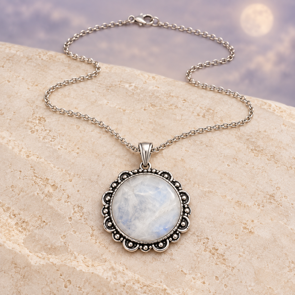 Full Moon Glow circular Moonstone pendant on a cream stone background