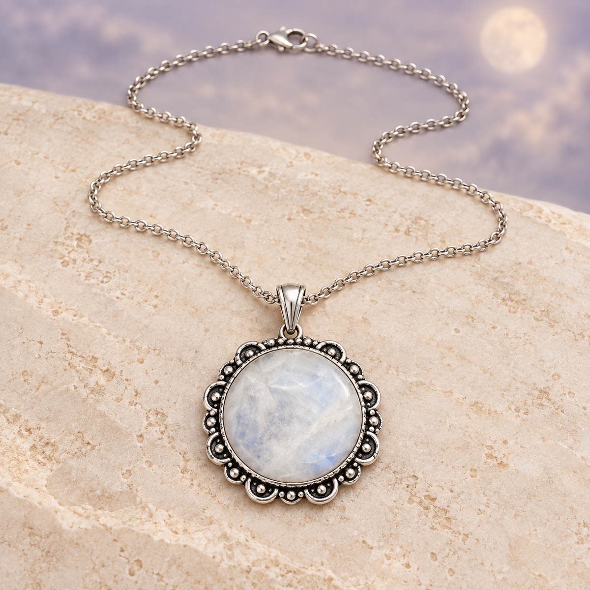 Full Moon Glow circular Moonstone pendant on a cream stone background