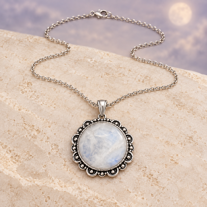 Full Moon Glow circular Moonstone pendant on a cream stone background