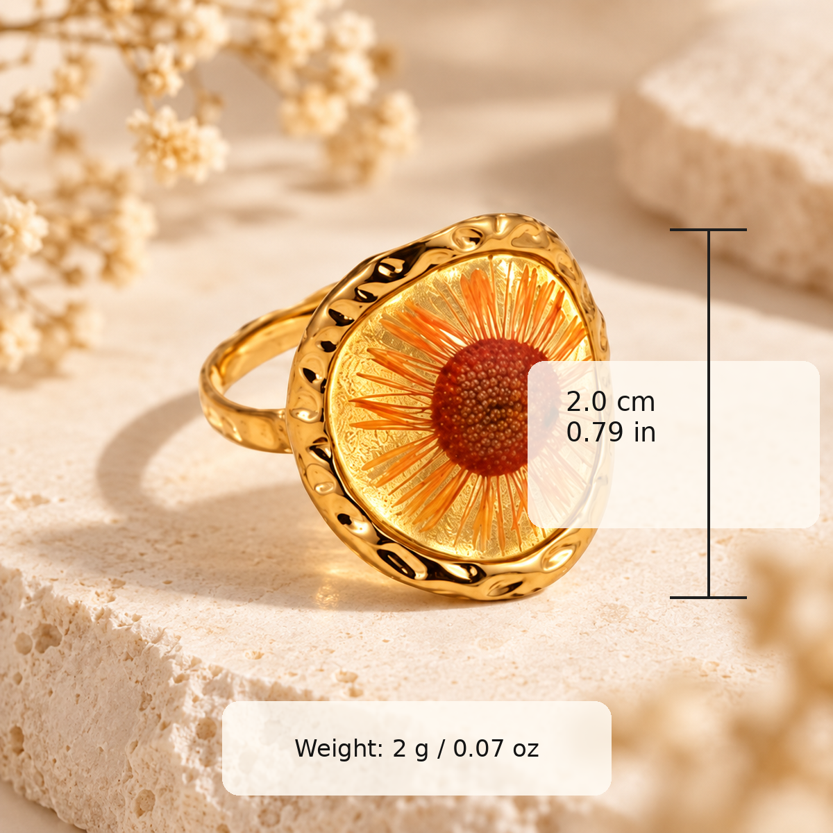 Golden Daisy Vitality Ring showing approximate 2.0 cm face and 2 g weight