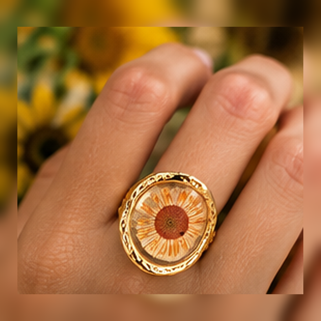 Model hand wearing the Golden Daisy Vitality Ring