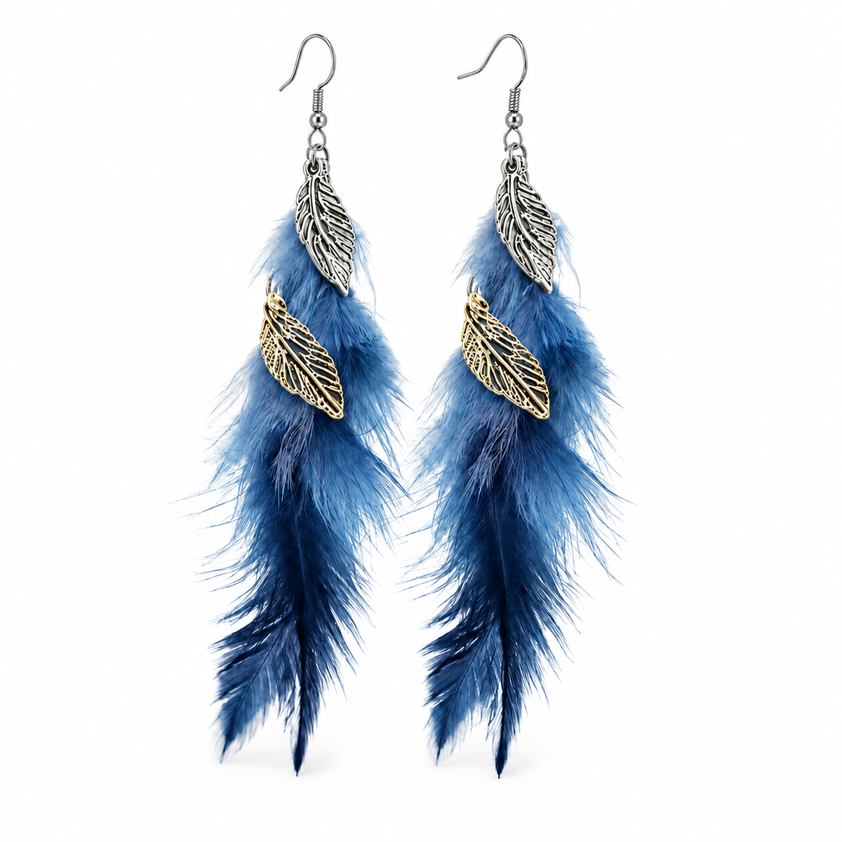 Pair of long blue feather earrings with mixed silver- and gold-tone leaf charms on a white background.