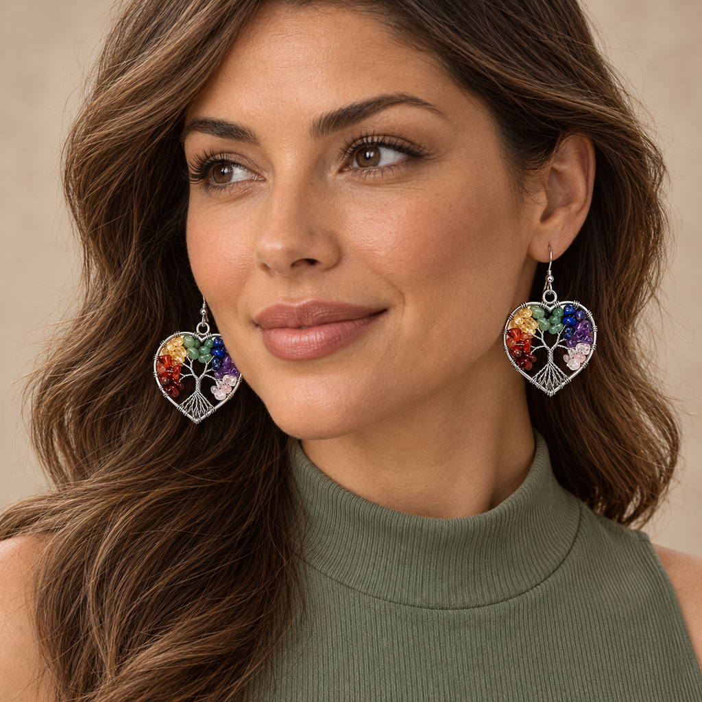 Heart of Belonging Rainbow Tree Earrings — worn view.