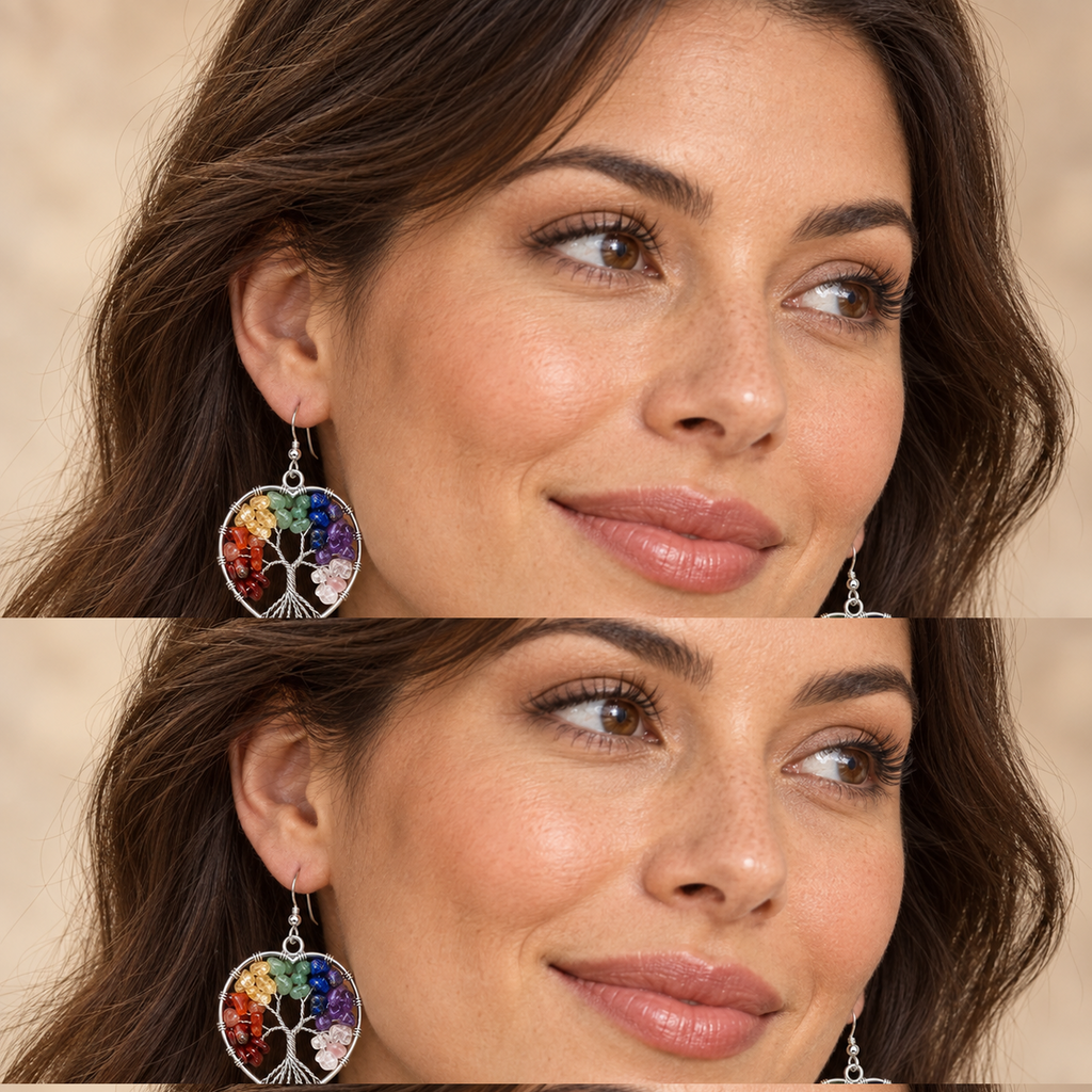 Heart of Belonging Rainbow Tree Earrings — worn alternate view.
