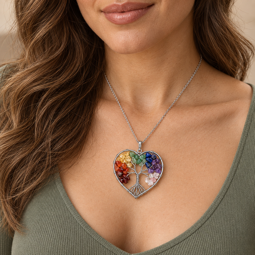 Heart of Belonging Rainbow Tree Pendant — worn view.