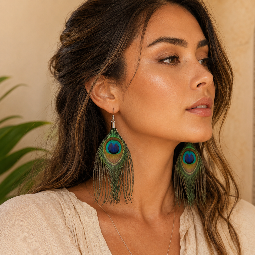 Clear Horizon Peacock Feather Earrings