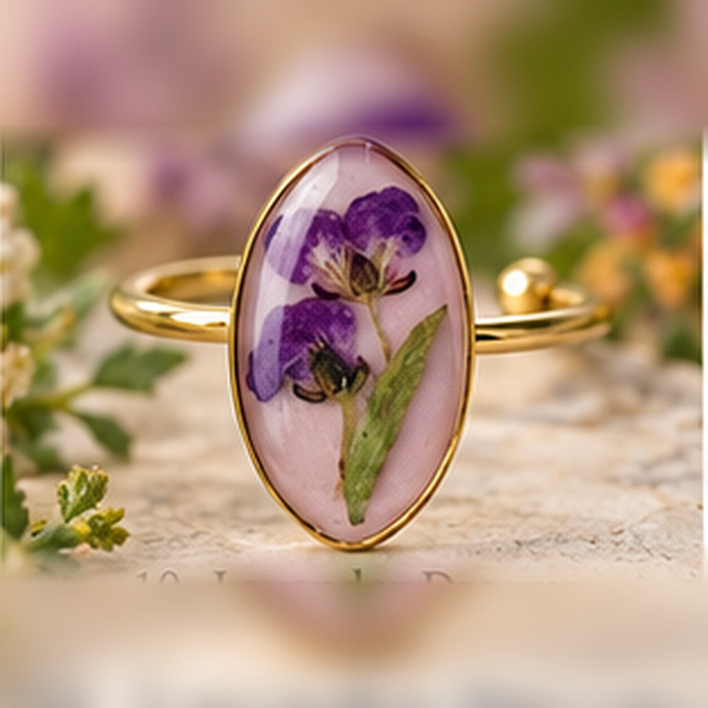 Lavender Dreams adjustable stainless steel pressed-flower ring with purple blooms on soft mauve.