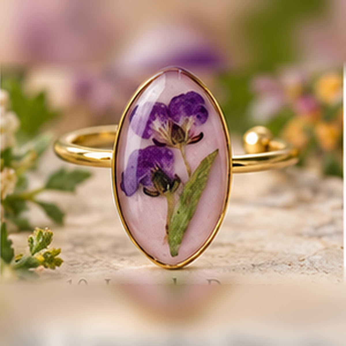 Lavender Dreams adjustable stainless steel pressed-flower ring with purple blooms on soft mauve.