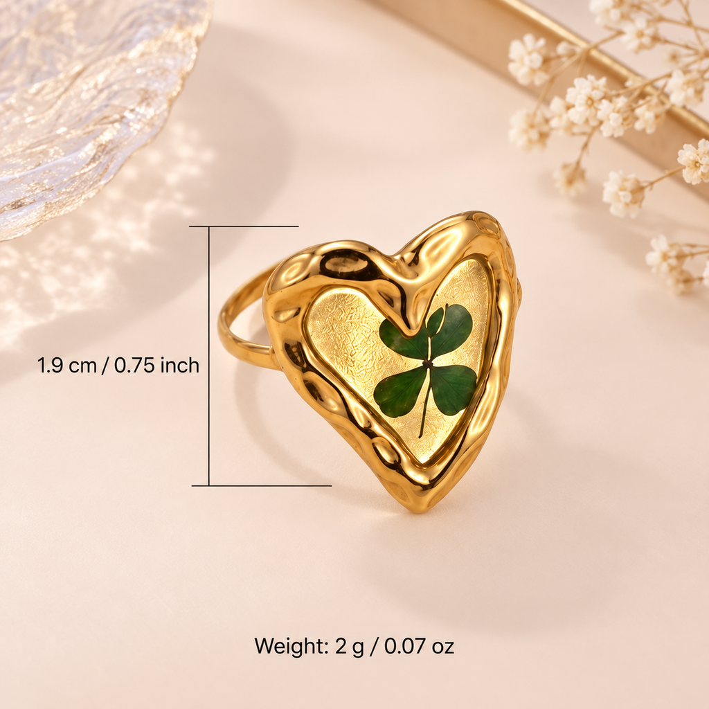 Lucky Roots Clover Heart Ring showing approximate 1.9 cm face and 2 g weight