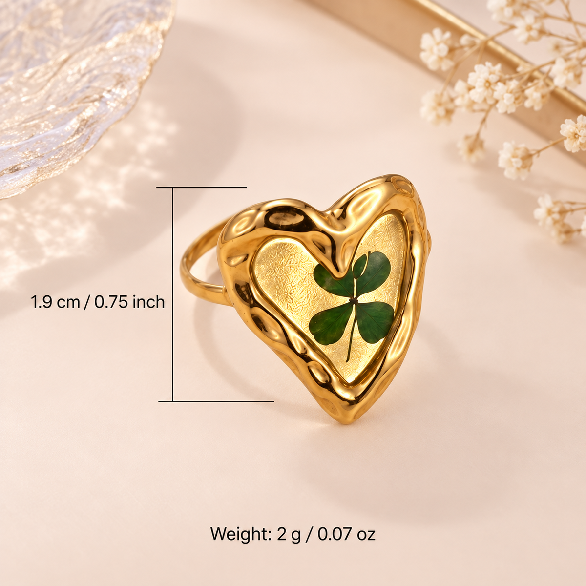 Lucky Roots Clover Heart Ring showing approximate 1.9 cm face and 2 g weight