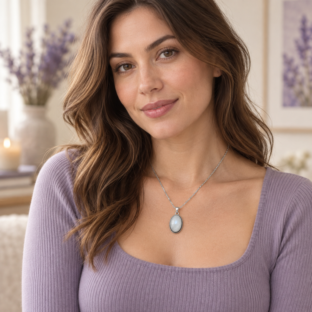 Model wearing the vertical Lunar Reflection oval Moonstone pendant
