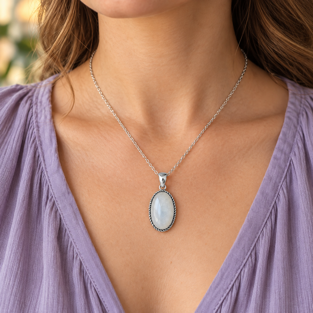 Vertical Lunar Reflection oval Moonstone pendant worn at the neckline