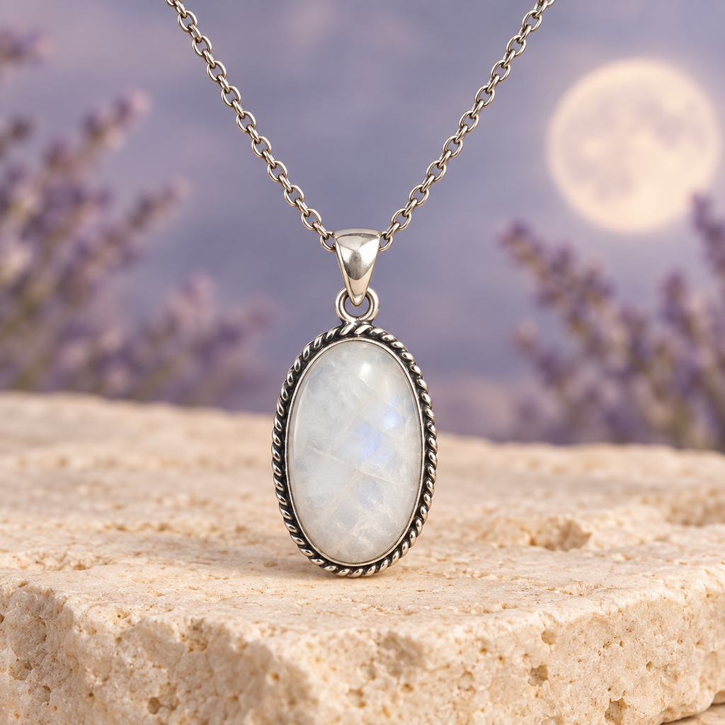 Vertical Lunar Reflection oval Moonstone pendant with bail at the top