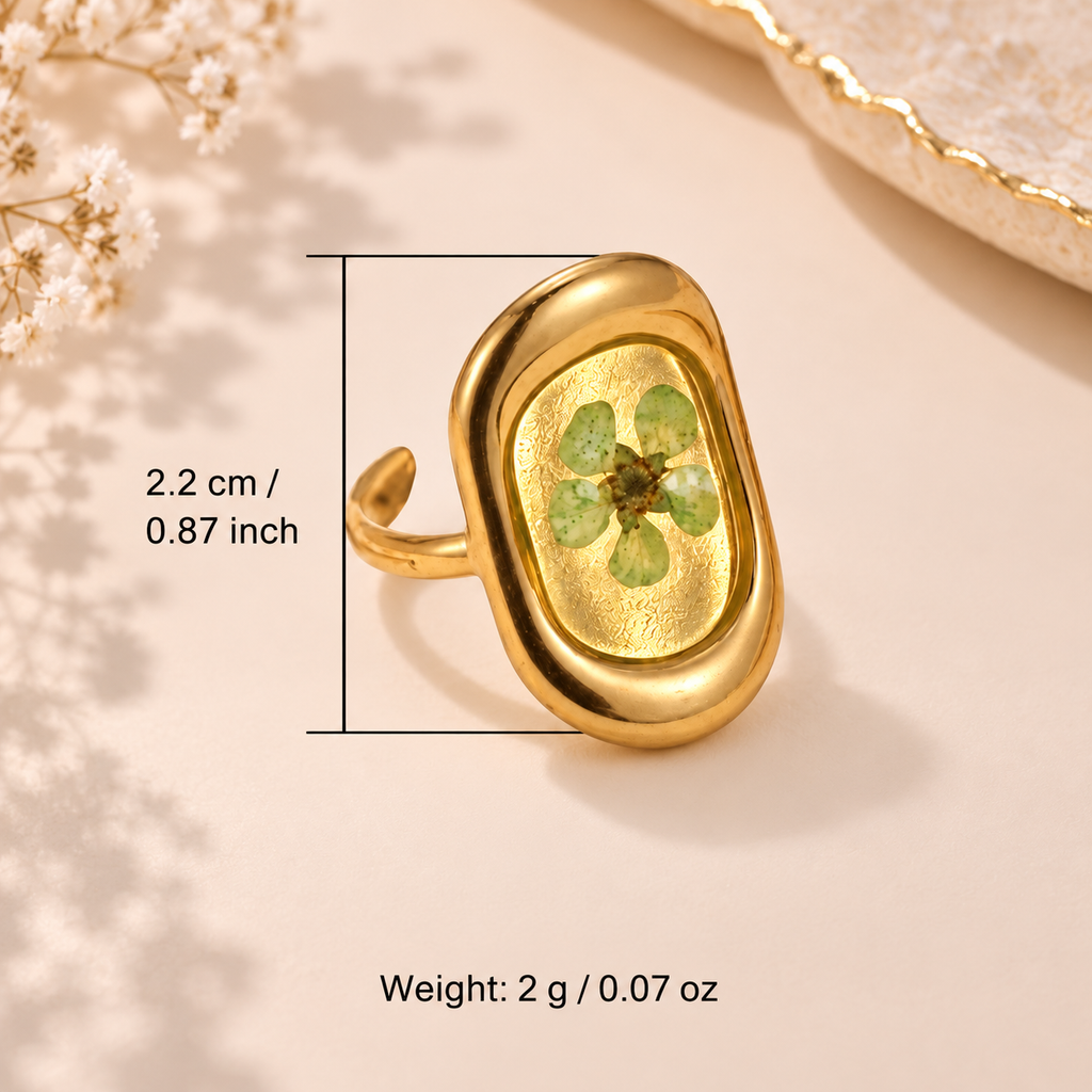 Meadow Green Bloom Ring showing approximate 2.2 cm face and 2 g weight