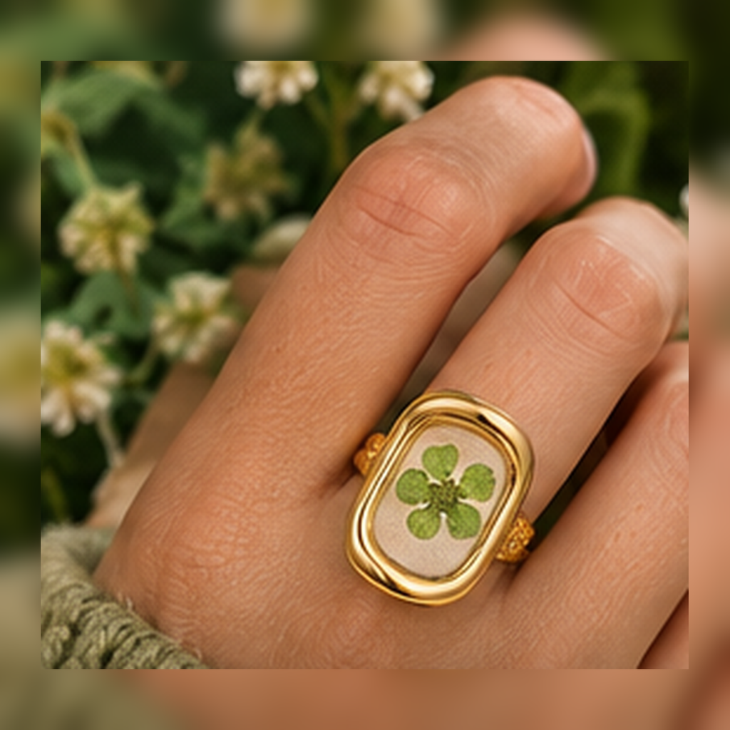 Model hand wearing the Meadow Green Bloom Ring