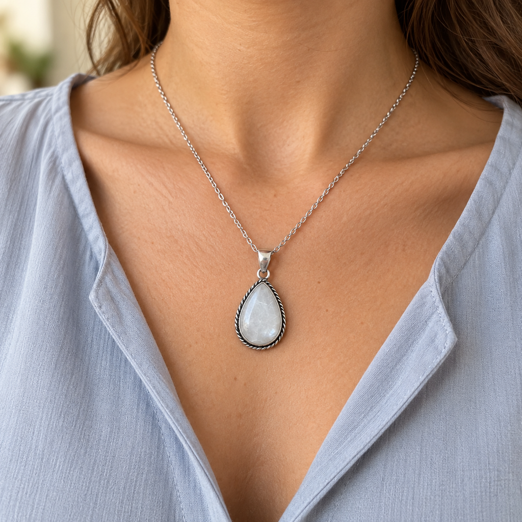 Moonlit Dewdrop Moonstone pendant worn at the neckline