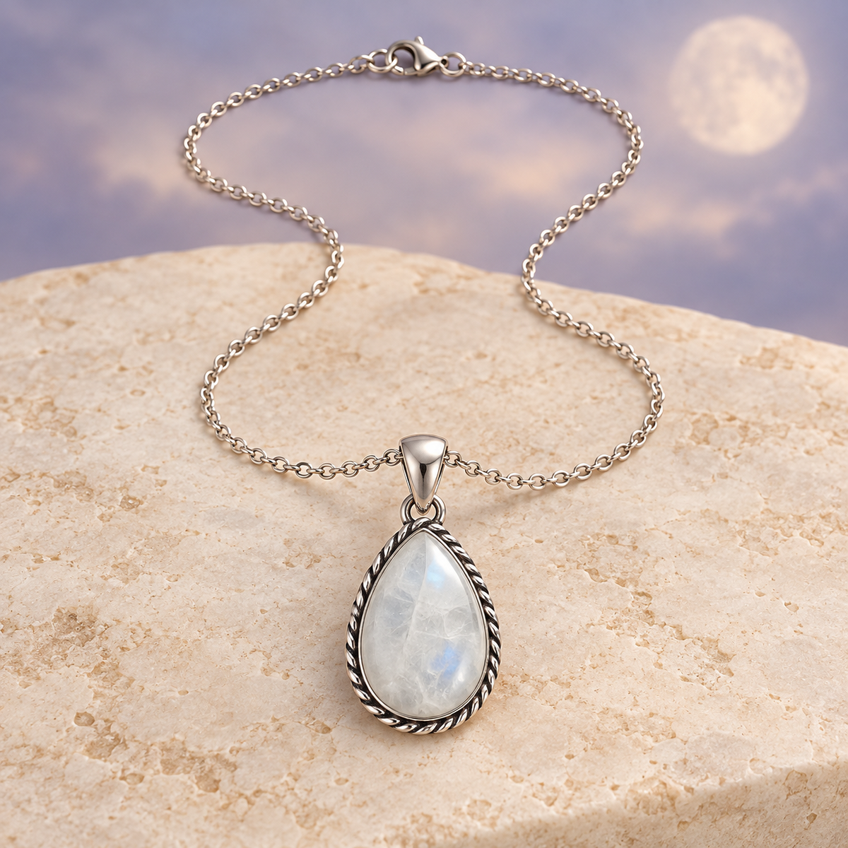 Moonlit Dewdrop Moonstone pendant on a cream stone background