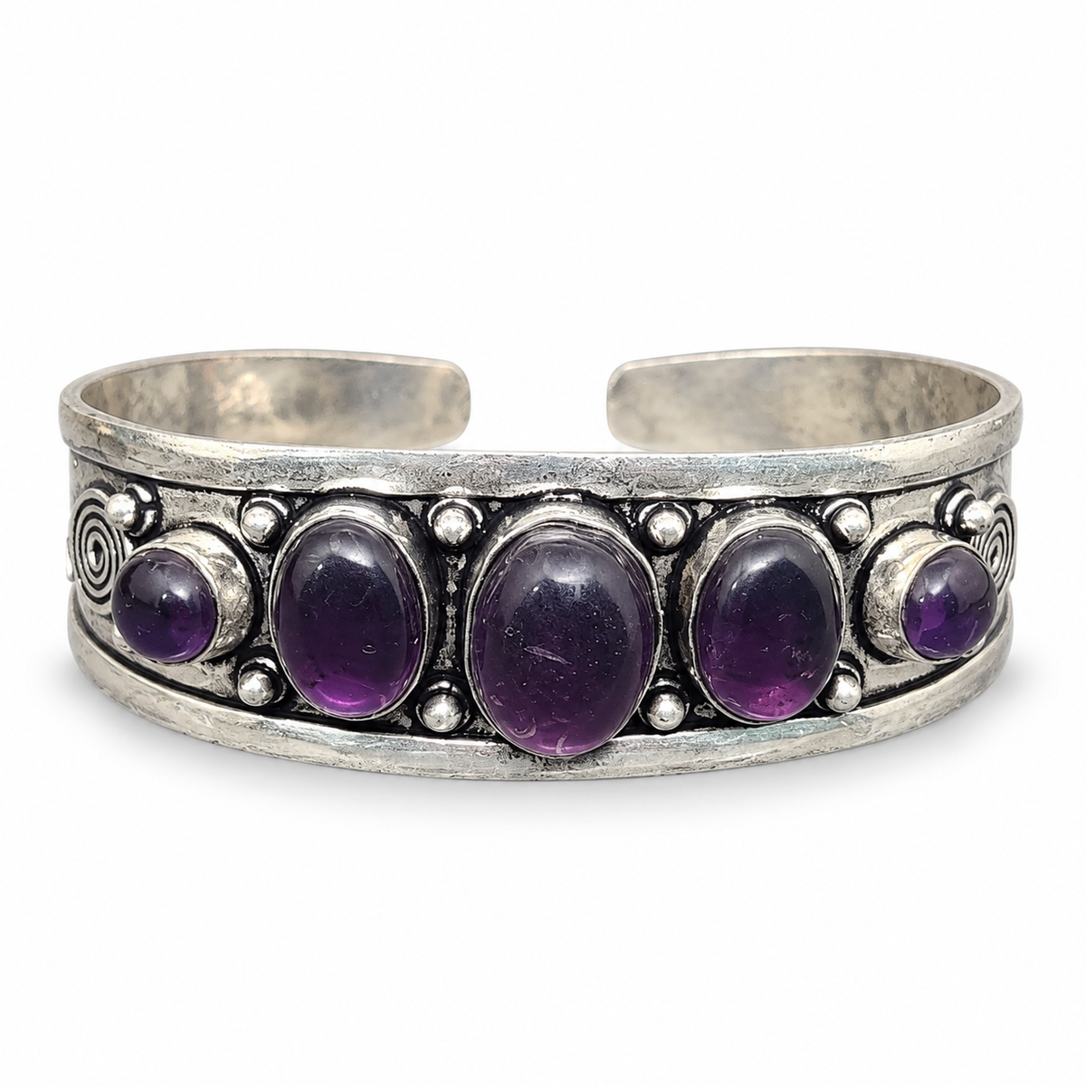 Moonlit Magic silver five-stone open cuff bracelet with Amethyst stones.
