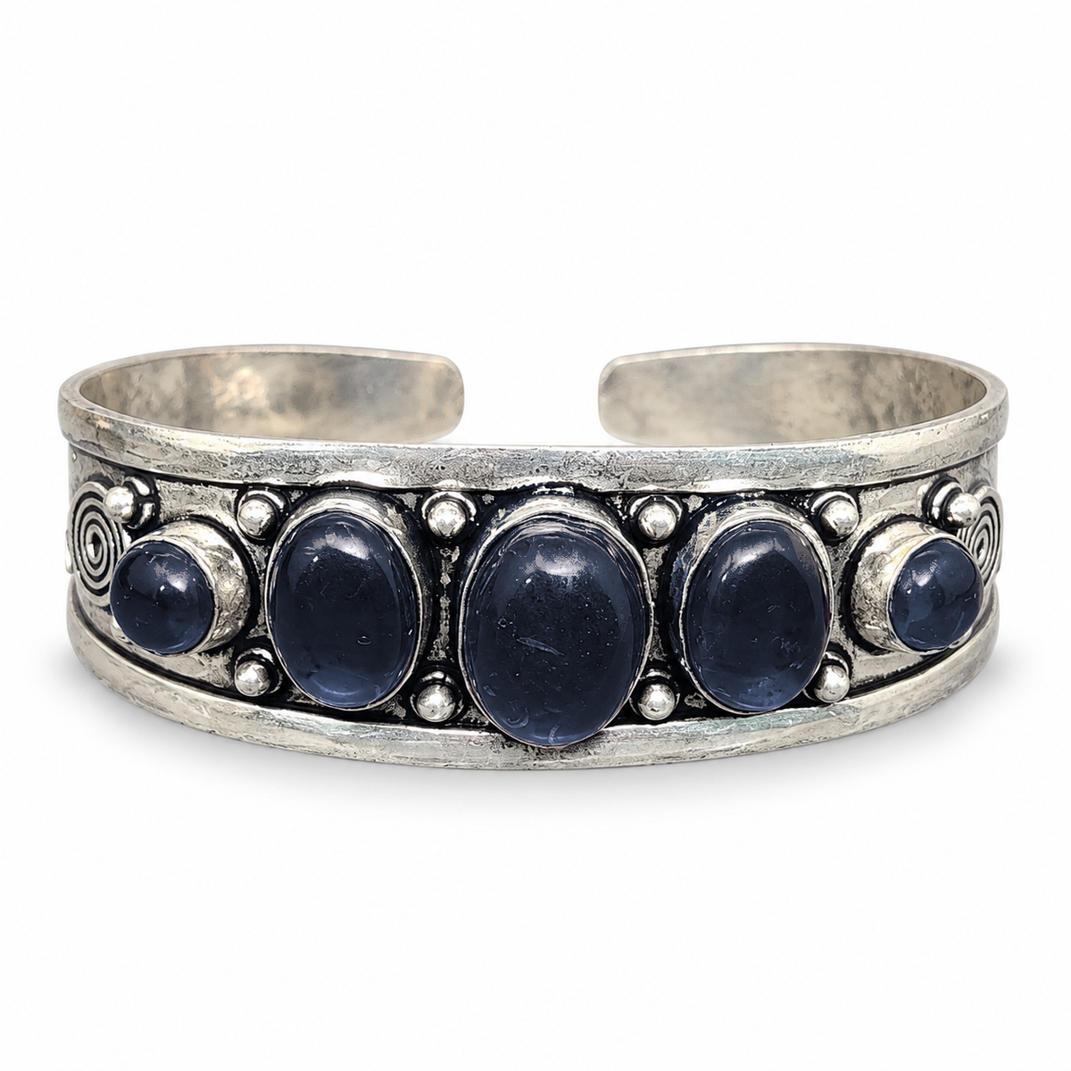Moonlit Magic silver five-stone open cuff bracelet with Black Obsidian stones.