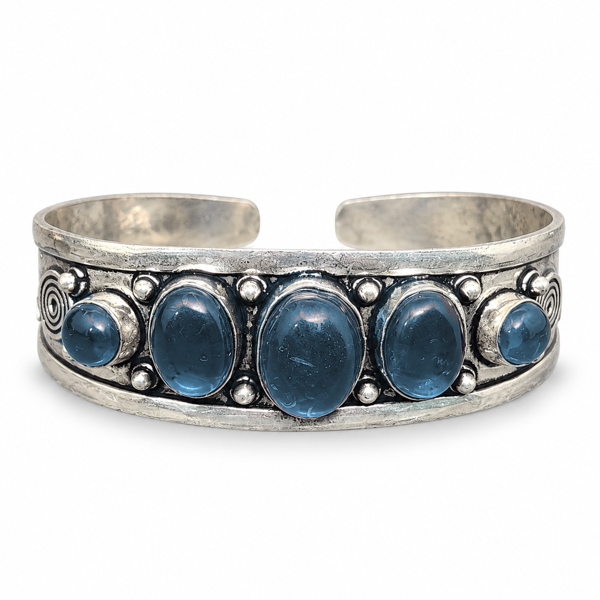 Moonlit Magic silver five-stone open cuff bracelet with Blue Chalcedony stones.