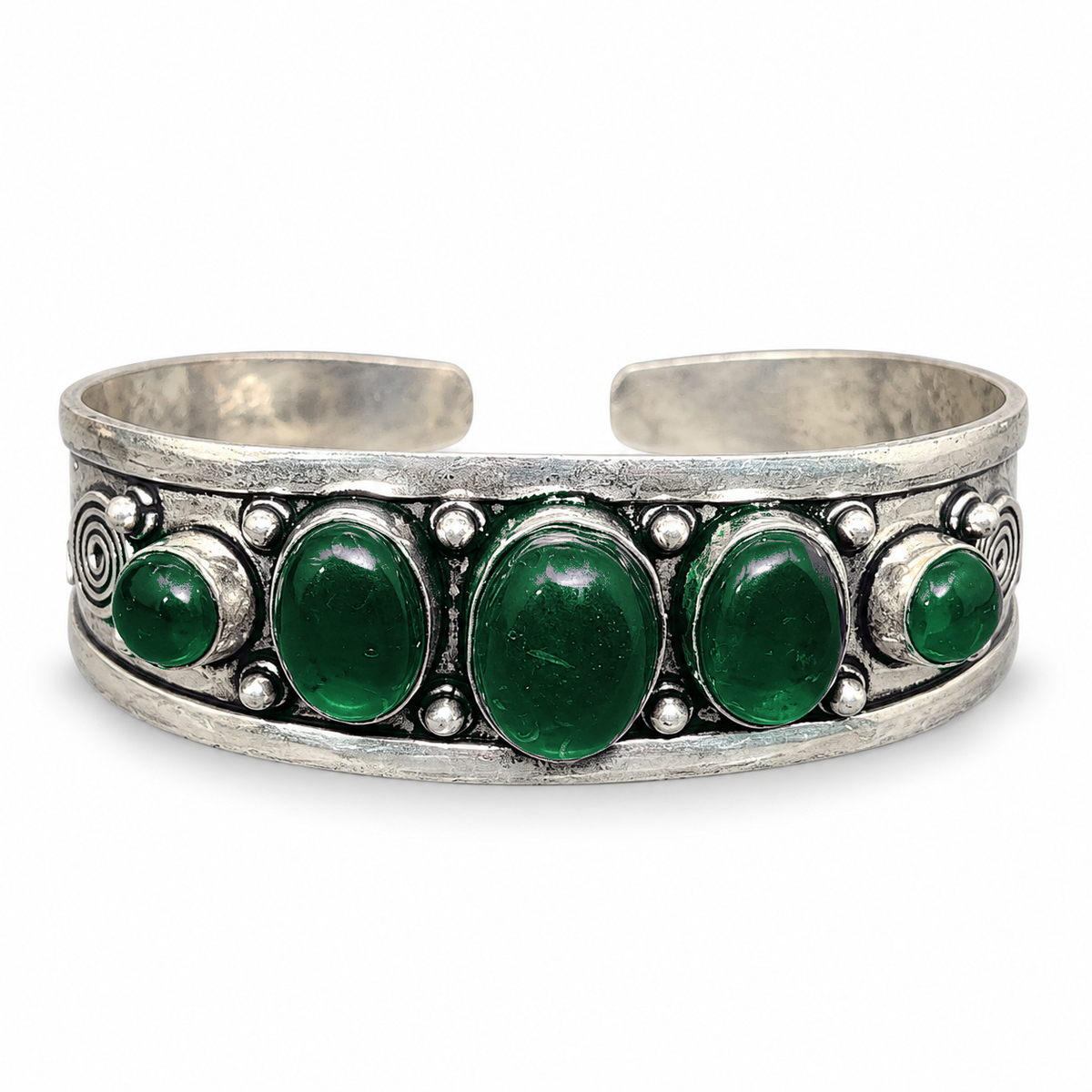 Moonlit Magic silver five-stone open cuff bracelet with Green Onyx stones.