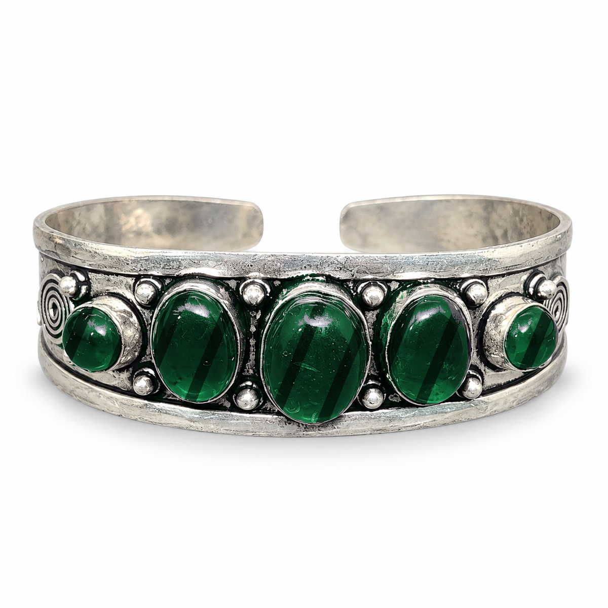 Moonlit Magic silver five-stone open cuff bracelet with Malachite stones.