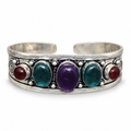 Moonlit Magic silver five-stone open cuff bracelet with Crimson Howlite, Turquoise, and Amethyst stones.