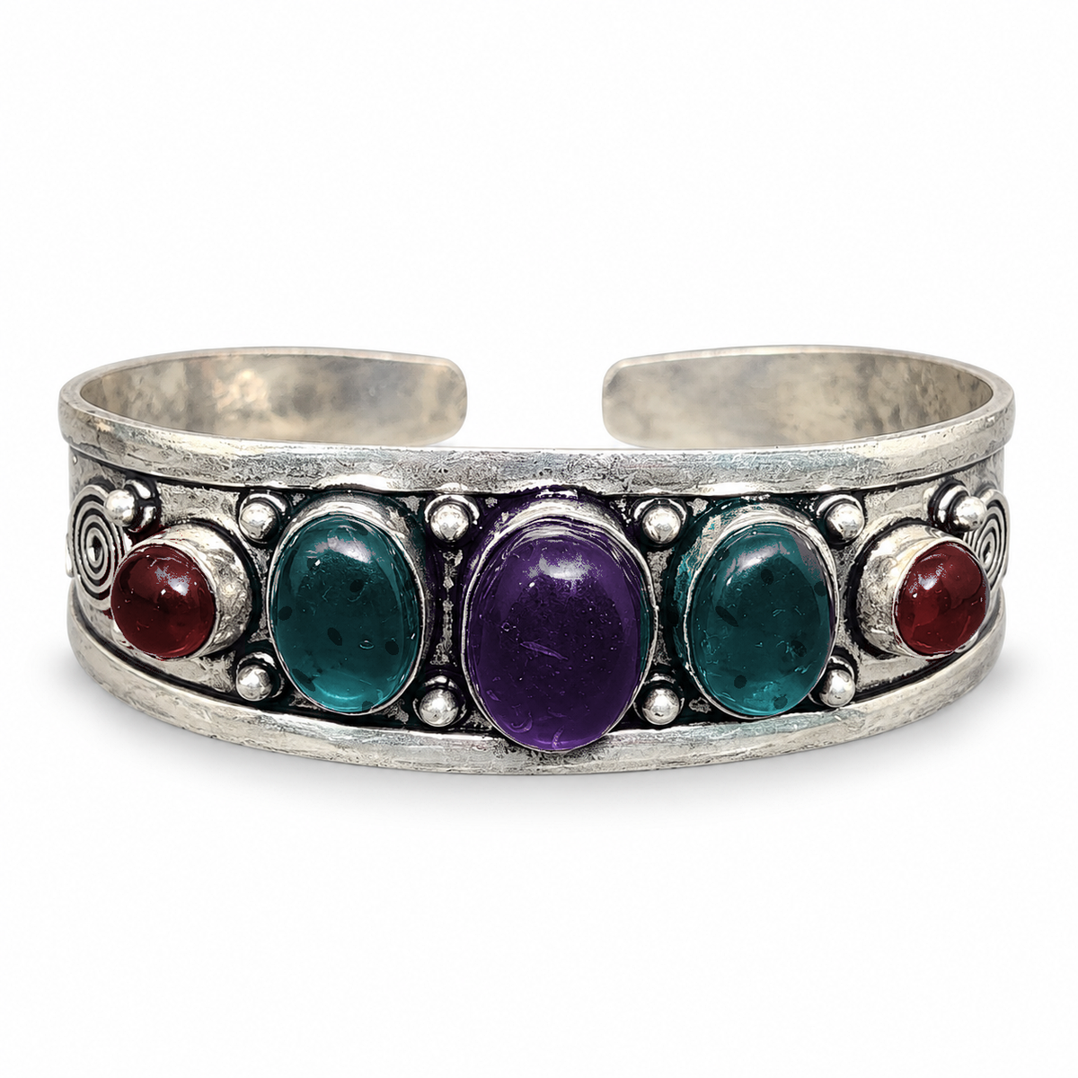 Moonlit Magic silver five-stone open cuff bracelet with Crimson Howlite, Turquoise, and Amethyst stones.