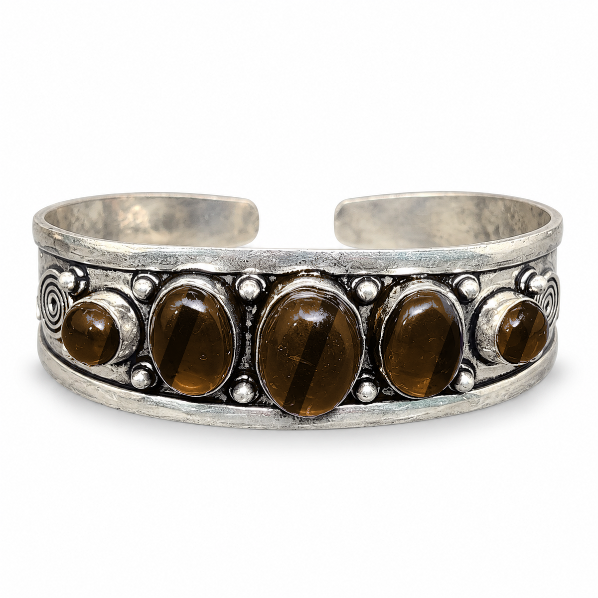 Moonlit Magic silver five-stone open cuff bracelet with Tiger's Eye stones.