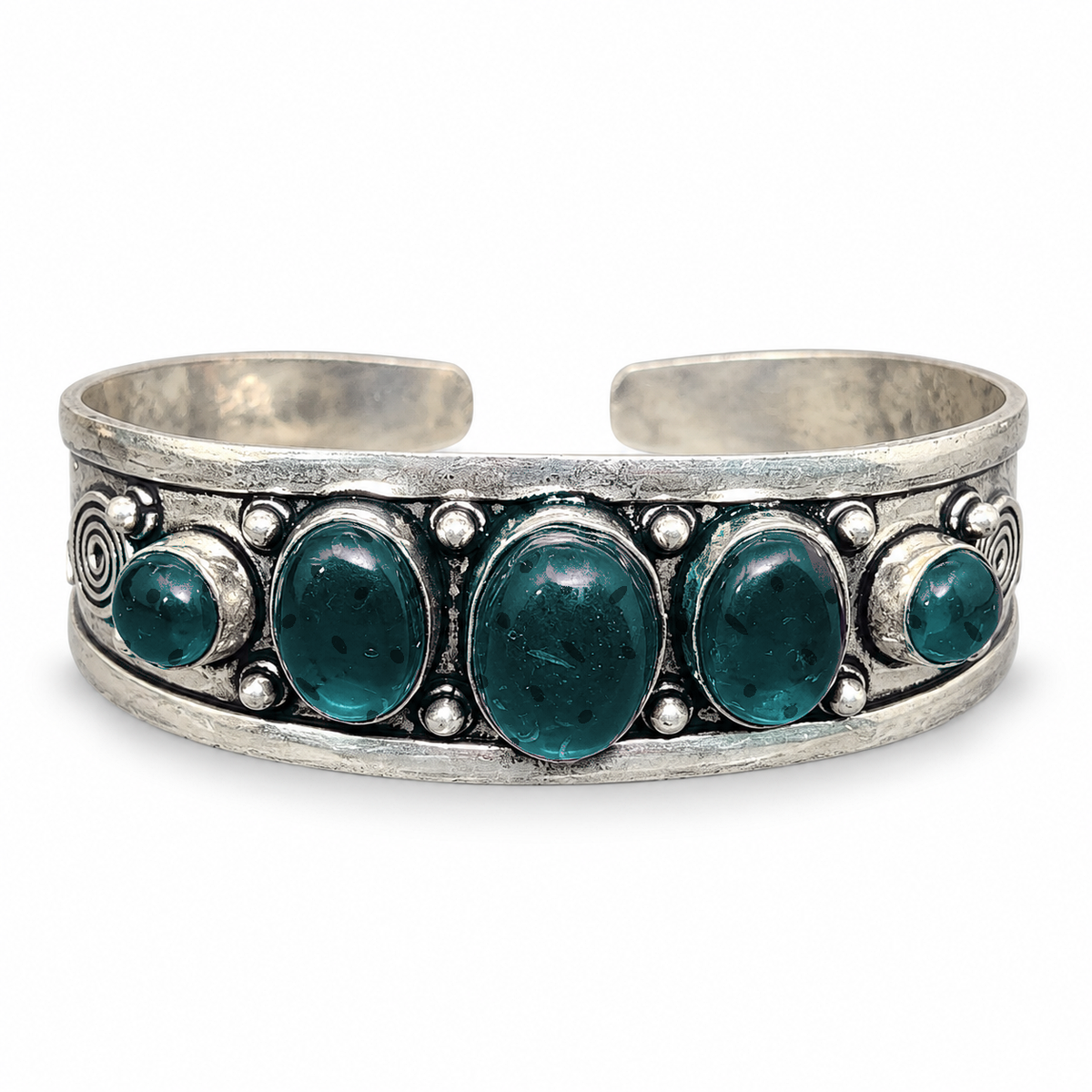 Moonlit Magic silver five-stone open cuff bracelet with Turquoise stones.