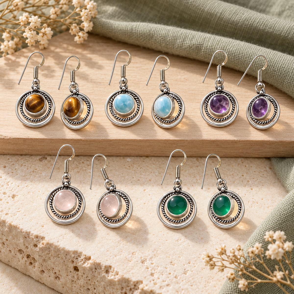 Five pairs of Moonlit Orbit open-back natural stone earrings