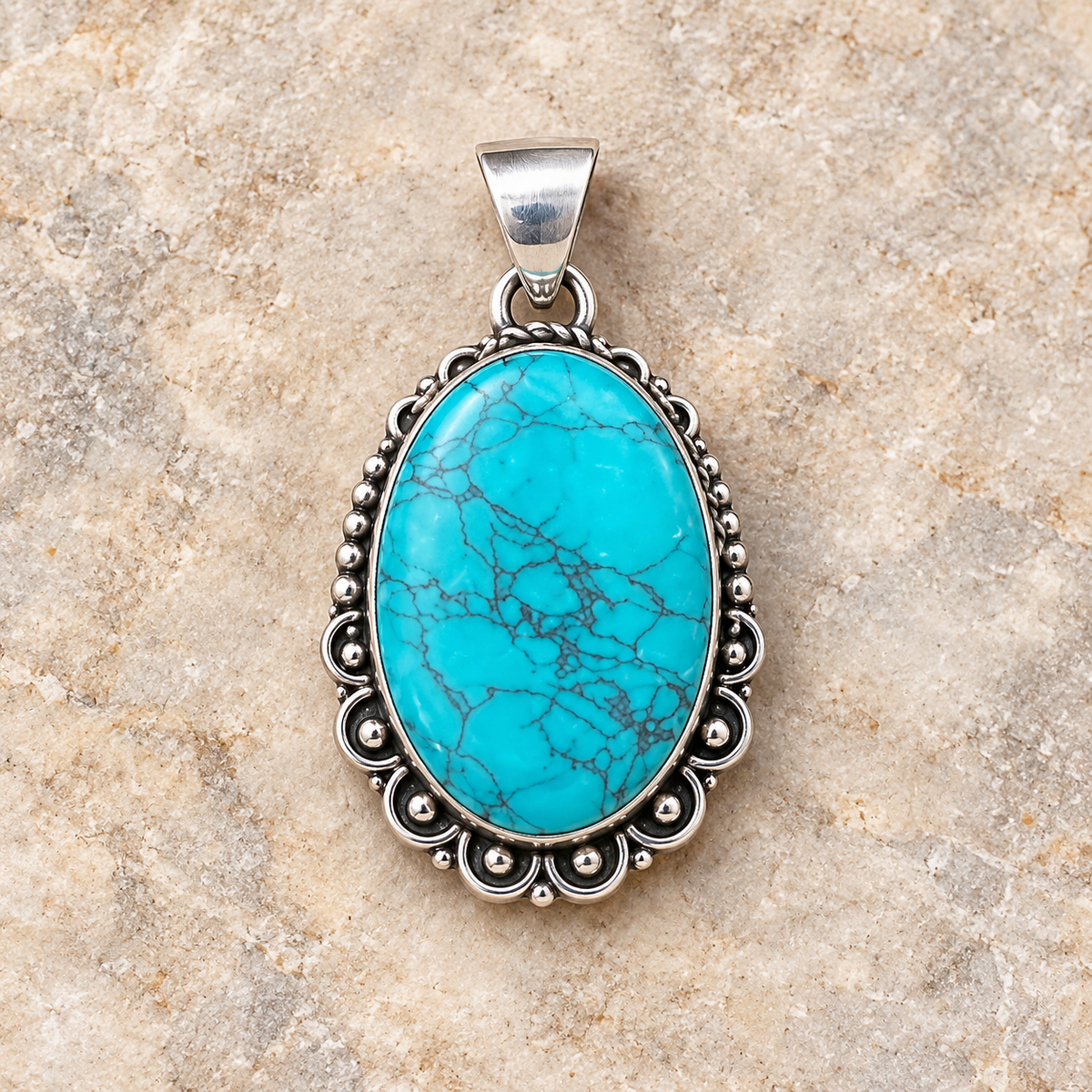 Quiet Orbit turquoise filigree oval pendant