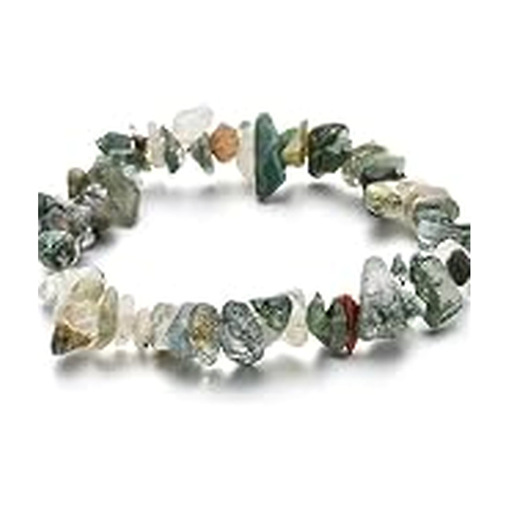 Moss Agate irregular stone chip stretch bracelet on a white background