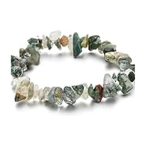 Moss Agate irregular stone chip stretch bracelet on a white background