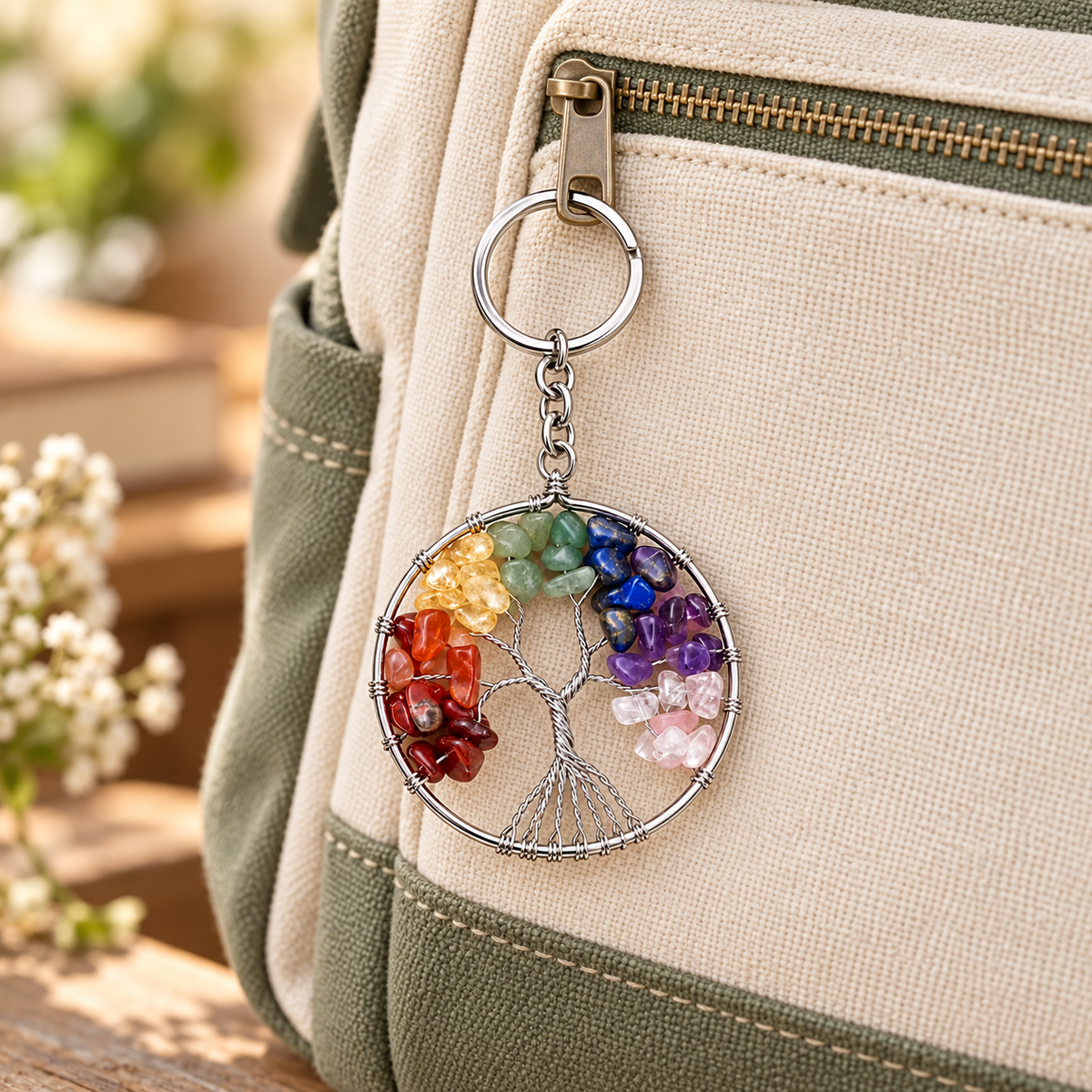 Radiant Roots Rainbow Tree of Life gemstone keychain displayed on a canvas backpack.